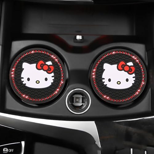AdwOa 2Pcs Suit of Car Cup Holder Coasters, 2.75-Inch Car Interior Accessories, Hello Kitty Bling Cup Holder Insert Durable Non Slip Silicone Mat for All Vehicles,Red diamond - Red Diamond