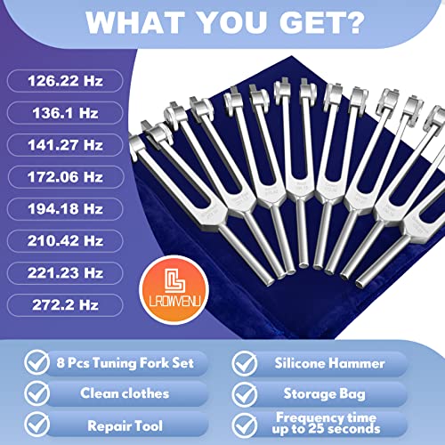 Lrowvenu Chakra Tuning Forks Set, 7 Chakra And 1 Soul Purpose Weighted Tuning Forks For Cosmic Octave, Aluminum Alloy, Sound Healing Instruments, Silver By Lrowvenu #TOP4