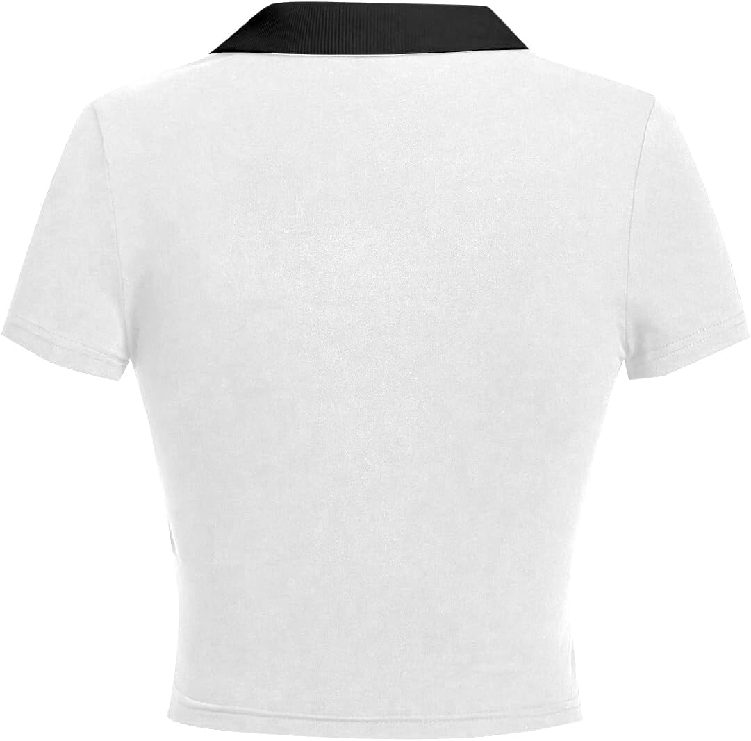 Avanova Women Polo Collared V Neck Tee Shirts Ringer Short Sleeve Crop Tops - Image 2