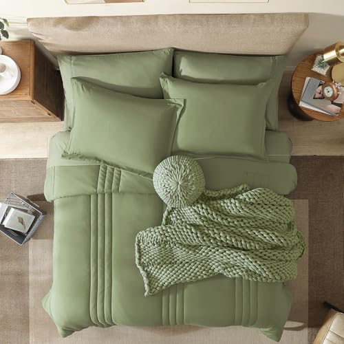 Image of Monbix Full Size Comforter Sets - 7 Pieces Light Sage Green Bed in a Bag Full Size Bedding Sets with Comforters, All Seasons Comforter with Sheets, Pillowcases & Shams