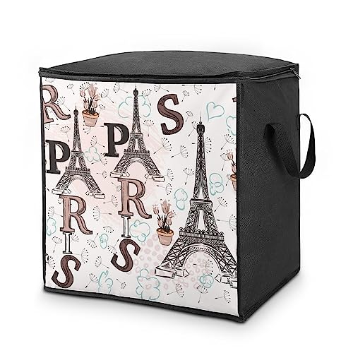 Bolsas de almacenamiento de 70 litros, caja de almacenamiento floral de la Torre Eiffel de París con cremallera y asas, bolsas de ropa para colchas, mantas, ropa de cama
