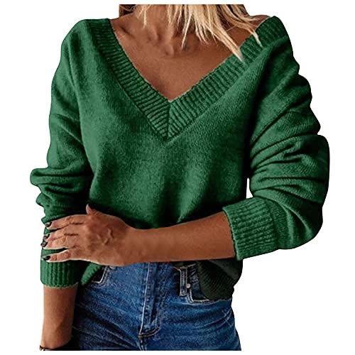 Pull en tricot pour femme à manches longues et col en V, Vert, S Cover