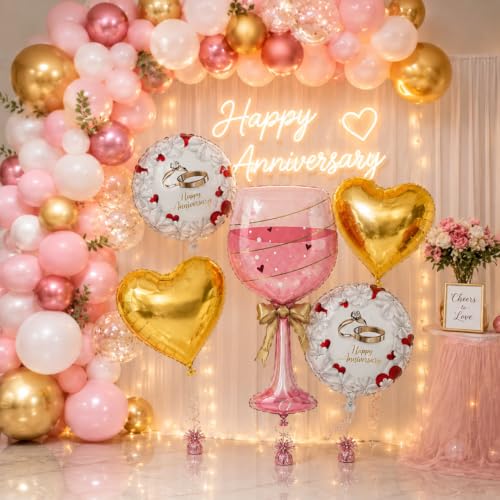 Image of Wanna Party Happy Anniversary Wine Glass Foil Balloon Set of 5, Pink Wine Glass Balloon with Gold Heart and Printed Round Balloons, Romantic Anniversary Decoration for Husband Wife & Couples