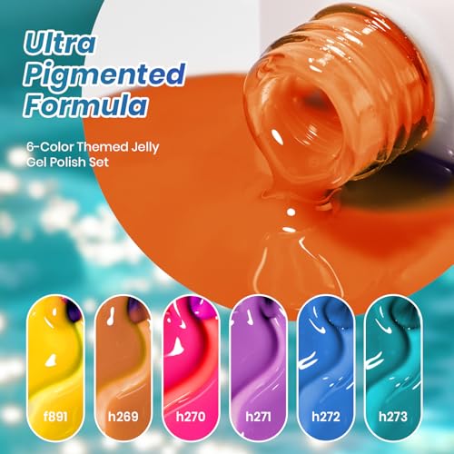 Image of Beetles Jelly Gel Nail Polish Set, Luminous Cocktail 6 Colors Fall Gel | Sheer Gel Polish Kit Yellow Orange Purple Blue Green Red Translucent Effect Soak off UV DIY at Home Gift for Women