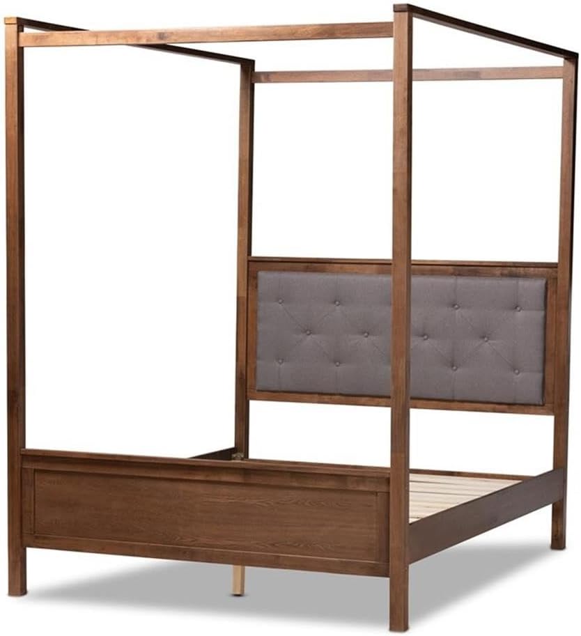 Baxton Studio Natasha Modern and Contemporary Grey Fabric Upholstered and Walnut Brown Finished Wood Queen Size Platform Canopy Bed