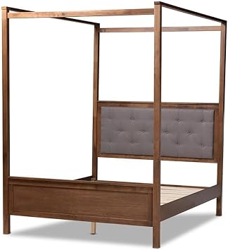Baxton Studio Natasha Queen Size Grey Upholstered Walnut Finished Canopy Bed