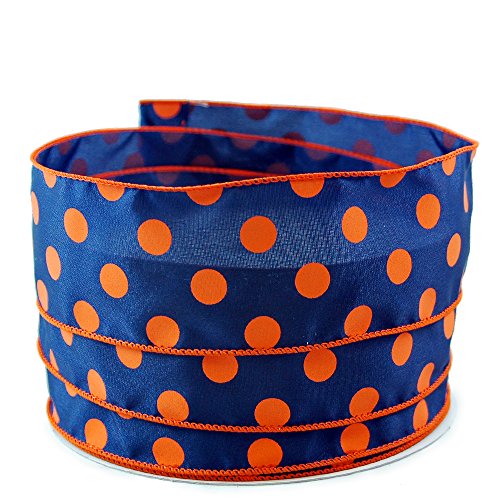 Polka Dot Navy and Orange Satin Wired Ribbon #40-2.5in x 10 Yards