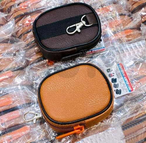 Image of AJM PU Leather Universal Zipper Pouch with Metal Hook | Earbuds, Coins, Keys, USB Cable & Charger Storage Case | Compact Travel Organizer Keychain Pouch (Light Brown)