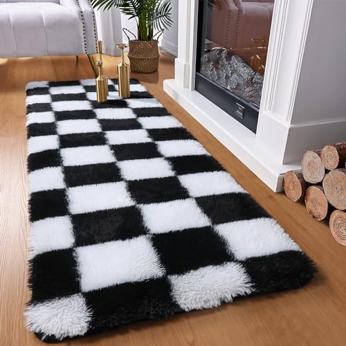 Image of KICMOR Fluffy Soft Runner Rug for Bedroom Living Room, 2x6 Black and White Checkered Rugs Fuzzy Plush Shaggy Bedside Carpet, Non Slip Long Rug for Kids Girls Boys Room Nursery Home Decor Aesthetic