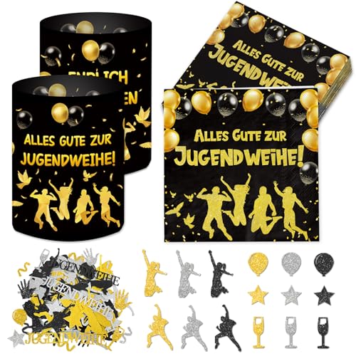 20 Stück Servietten Jugendweihe + 12 Stück Windlicht + 120 Konfetti, Jugendweihe Deko Mädchen Junge, Tischdeko Schwarz Gold Party Deko Geschenke Gastgeschenk, Servietten 33x33cm