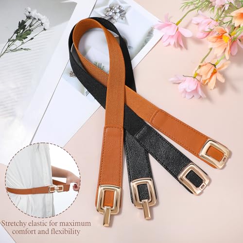 2 Pack Skinny Elastic Waist Belt Gold Metal Buckle Stretchy Thin Belt Retro Stretchy Belts for Women Jeans Dresses4