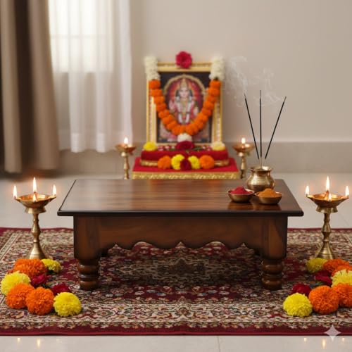 Image of Pooja Chowki Pata Chowki Decorative bajot for Sitting Pooja Temple Stool for Mandir (Extra Large)