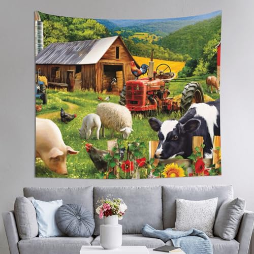Tapiz grande de pared JEJEA con estampado de animales de granja para dormitorio de 152x130 cm