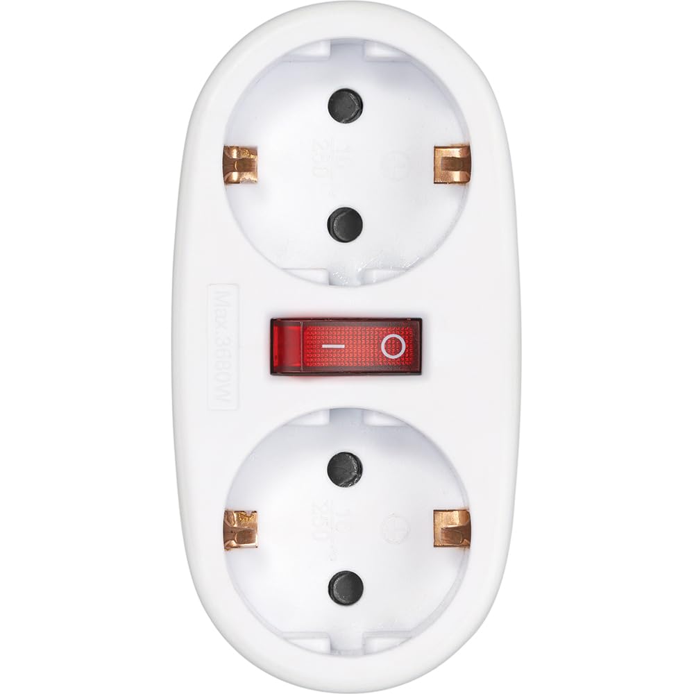 SIMON – Adaptador con Interruptor 2 Tomas Frontales 16A (250V, 3680W), Enchufe Múltiple Compacto con Control On/Off para Mayor Seguridad y Ahorro Energético, Color Blanco
