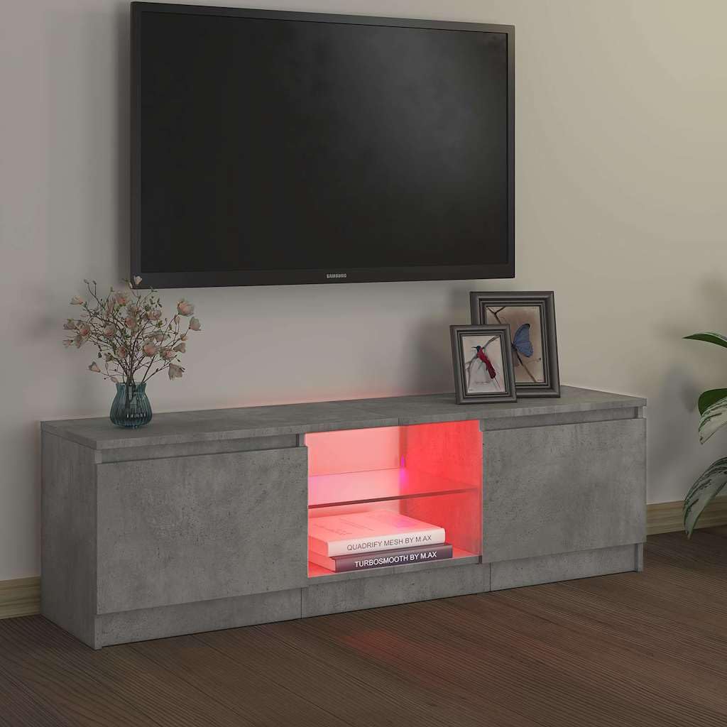 vidaXL Meuble TV avec éclairage LED, Gris béton, 120x30x36 cm, Panneaux de Bois & Verre trempé, Support TV Jusqu’à 50", Buffet Bas avec étagères, Meuble Moderne de Salon