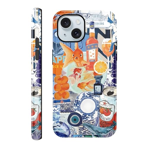 lioscre Summer Case Compatible with for iPhone 15 6,1'', Vintage Fish European Collage Blue Aesthetic Cute Protective Phone Case, Trendy Scratch Resistant Shockproof Cover Case for Girl Boy Women Men
