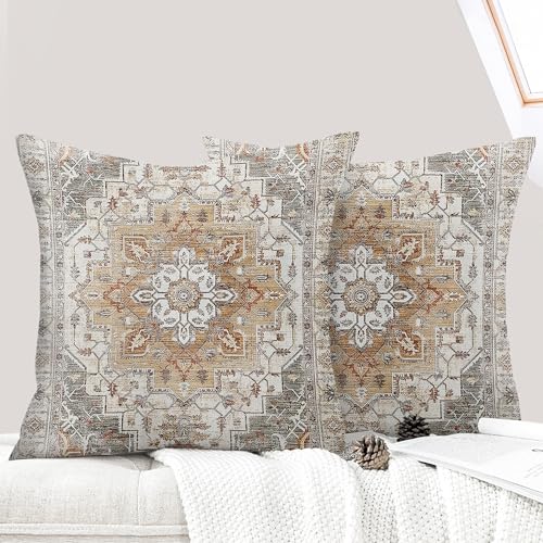 ECZOIL 2er Set Boho Kissenbezüge 40x40 cm,Böhmische Blumen Dekorative Kissenhülle Flachs 16x16 Inch Doppelseitiger Druck Dekorative Kissenbezug...