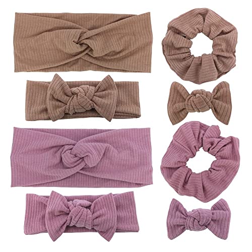 Sugarmelon Mommy and Me Headband Set Mother Baby Matching Turban Headbands for Toddler Baby Girls Women Scrunchies Hair Bow Hairbands (Mauve and Latte)4