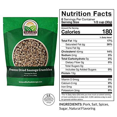 Valley Food Storage Freeze Dried Pork Sausage Crumbles 10-Bag Bucket, 85 Oz | Premium Emergency Food Supply 25 Year Shelf Life | Non-Gmo Prepper Supplies, Survival Food, Off Grid Living Supplies #TOP3