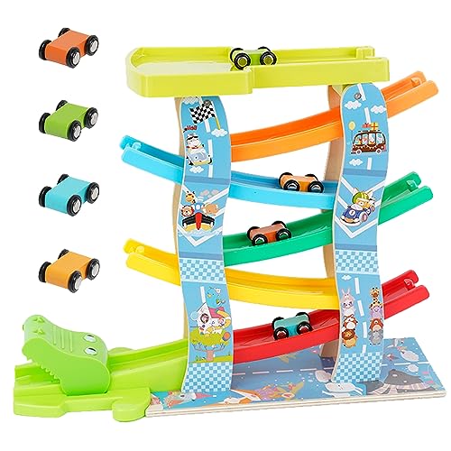 Pista de Coches para niños, rampa de Madera con 5 rampas y 4 Mini Coches para niños, Parking Coches Juguete, 41x14x32cm