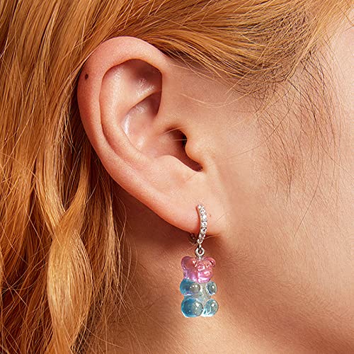 Gummy Bear Hoop Earrings - Sterling Silver Colorful Teddy Bears Resin Dangle Drop Earring Cute Pink Blue Cartoon Animal Huggies Candy Fairy Jewelry Gift for Women4