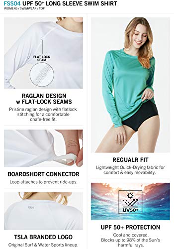 TSLA Women's UPF 50+ Long Sleeve Swim Shirt, UV/Sun Protection Rash Guard, Regular-Fit Quick Dry Water Shirts, Sun Block Long Sleeve(fss04) - Green, Large