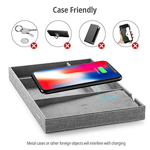 Lecone Fast Wireless Charger with Organizer Tray Qi Fabric Charging Station Table Nightstand Organizer for iPhone SE 2020/11/11 Pro/11 Pro Max/Xs MAX/XR/XS/X/8,Galaxy S20/Note 20/S10 Plus, Grey