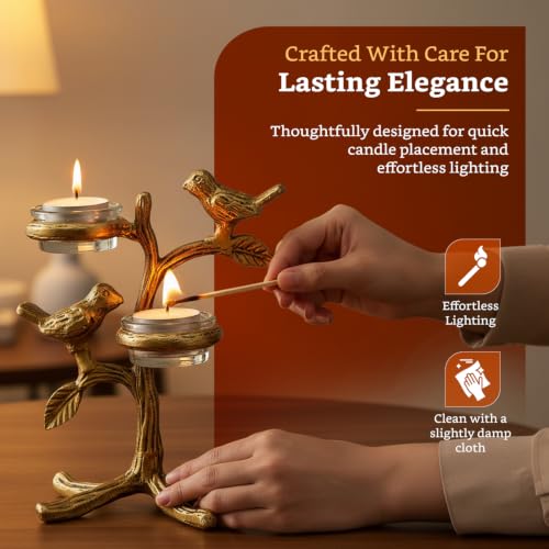 Image of Amazon Brand - Solimo Metal Birds Tree Tea Light Candle Holder | Gold Finish | Decorative Centerpiece for Home, Living Room & Puja | Good Luck Gift with Glass for Votive Candle (Candles Not Included)