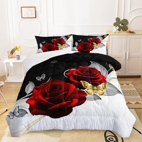 Image of AILONEN Black and White Comforter Set Queen Size,Romantic Red Rose Bedding Set for Room Decor,Couple Love Soft Microfiber Duvet Set 3 Piece,Lightweight Comforter with 2 Pillowcases