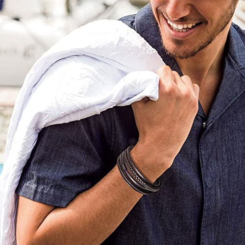 Speroto Mens Bracelet, Adjustable Mens Leather Bracelet With Stainless Steel Clasp, Multi-Layer Braided Genuine Leather Bracelet For Men And Women (Brown-Rope B, 7.5") #TOP1