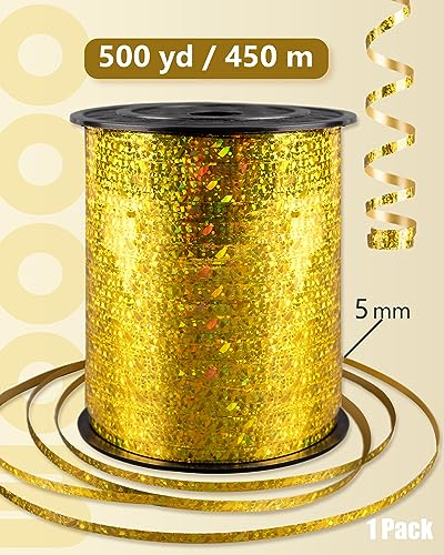 Image of PartyWoo Gold Curling Ribbon, 500 Yard Iridescent Crimped for Crafts, Shiny Metallic for Gift Wrapping, Balloons String, Hair, Florist Flower (1 Roll)