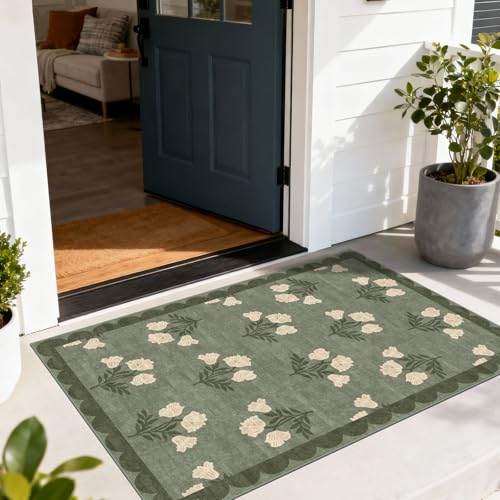 Othilic Floral Outdoor Rug - 28" x 43" Front Door Mat Indoor Outside Entrance Non-Slip Washable Outdoor Mat Sage Green Spring Scalloped Rug for Entryway Kitchen Bedroom Layered Doormat for Front Porch