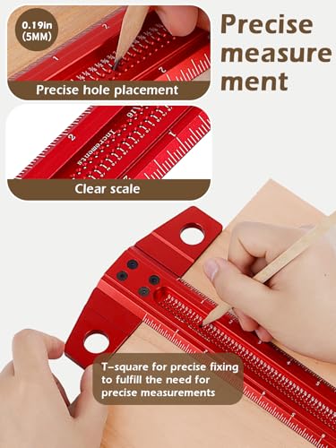 T-Square Woodworking Ruler - 24 Inch Architect Precision Marking Ruler, Aluminum Alloy Speed Square & Woodworking Scriber, for Carpenter Crafting, Marking, Layout, Scribing and Measuring, Red - Image 5