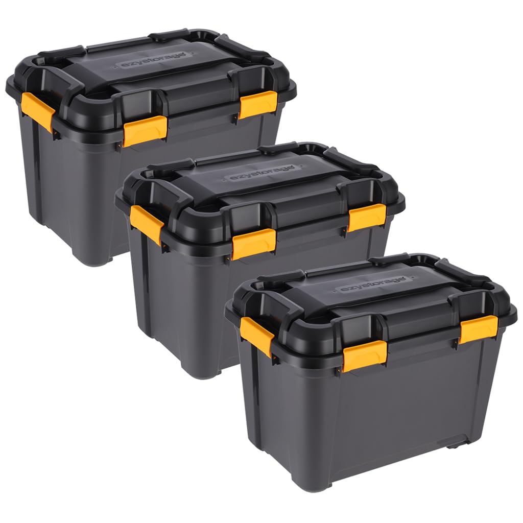 Kreher® Bunker Tough Aufbewahrungsbox 55L - 58 x 38 x 40,8 cm - IP67 wasserdicht & staubdicht, UV-beständig, schlagfest - Ideal für Werkzeug, Garage, Camping, Outdoor & Haushalt - 3 Stück