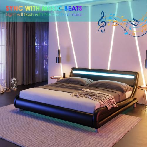 Image of Keyluv Upholstered Full LED Bed Frame with Headboard, Modern Low Profile Platform Bed with Strong Slats Support, Faux Leather Wave-Like Bed Frame, Easy Assembly, No Box Spring Needed, Black
