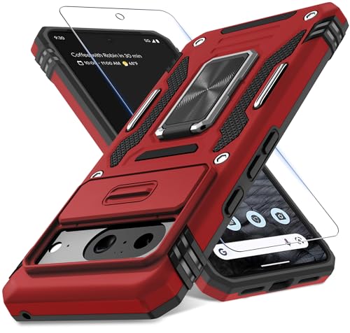 Coque Google Pixel 8 coulissante appareil photo anneau rotatif et béquille rouge
