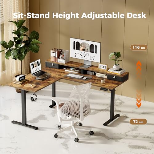 Bureau assis debout électrique 160 cm d'angle marron ergonomique avec tiroir - 4