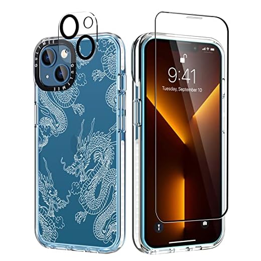 GULTMEE [3 in 1 Designed for iPhone 13 Case Dragon Print with Built-in Bumper Shockproof Protective Phone Case Cover for iPhone 13 Cases 6.1" Tempered Glass Screen Protector + Camera Lens Protector