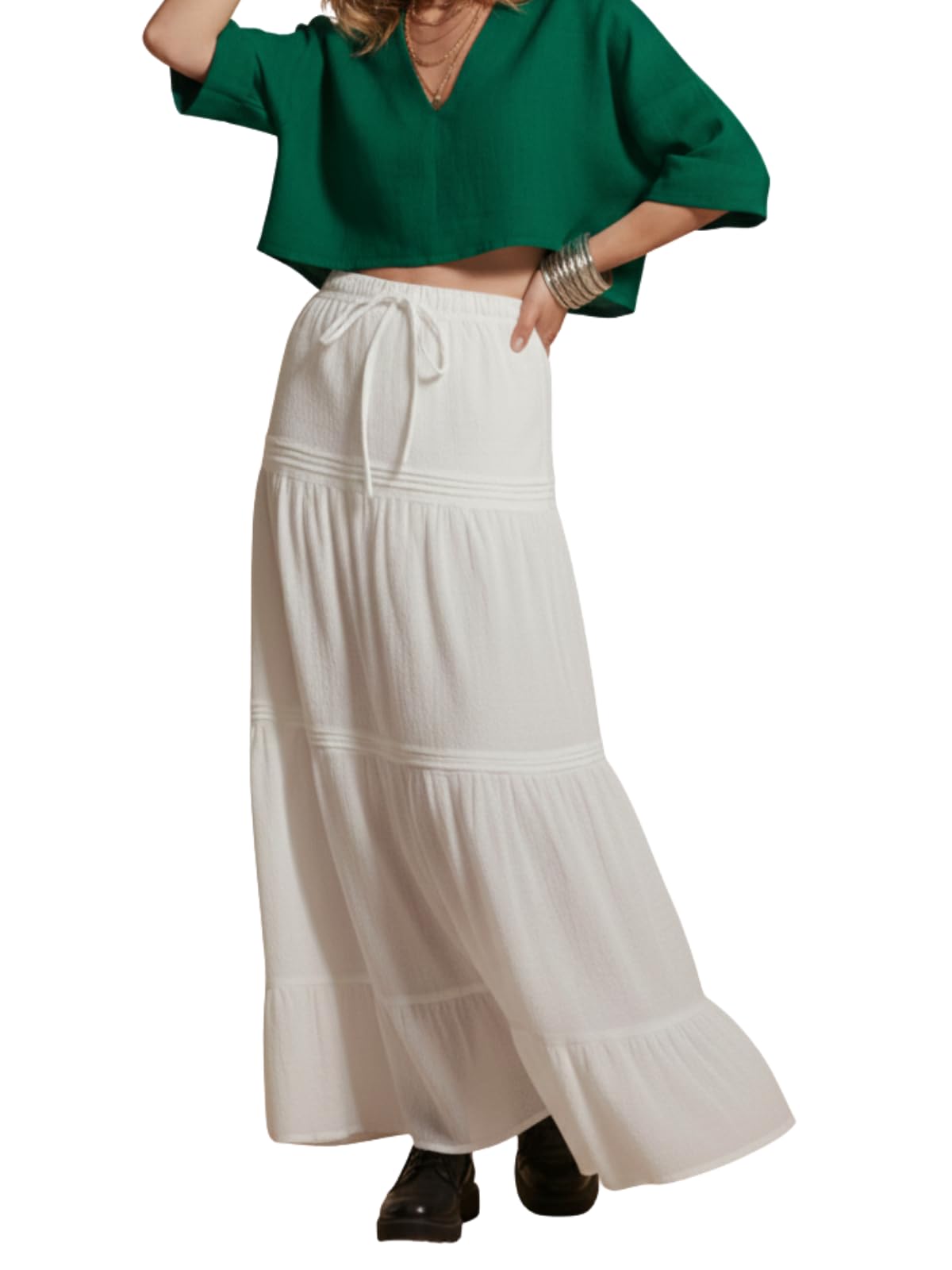 greciilooks Women’S Boho Maxi Skirt, High Waisted Elastic Waist, Button Front Tiered Ruffle Flowy A Line Long Skirt, Lightweight Polyblend, Summer, Casual and Beach-picture-50