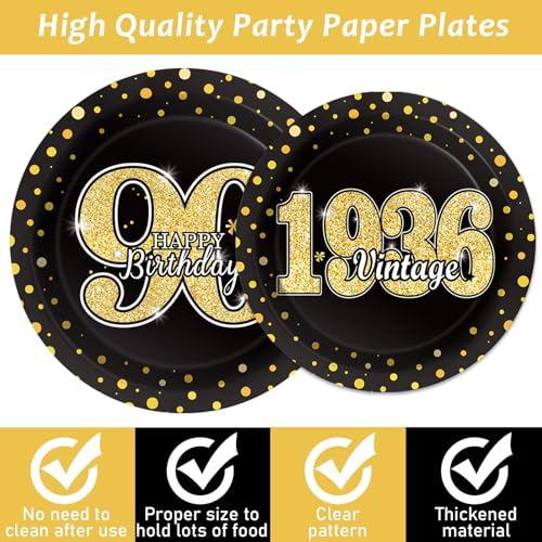 Image of 200PCS 90th Theme Birthday Party Tableware Vintage 1936 Party Supplies 90 year old Birthday Party Decorations Plates Napkins Forks Black and Gold Dinnerware Favors for Men or Women