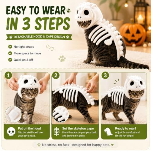 Dinosaur Skeleton Glow in Dark Dog Cat Halloween Pet Hood Outfit Costume - 3