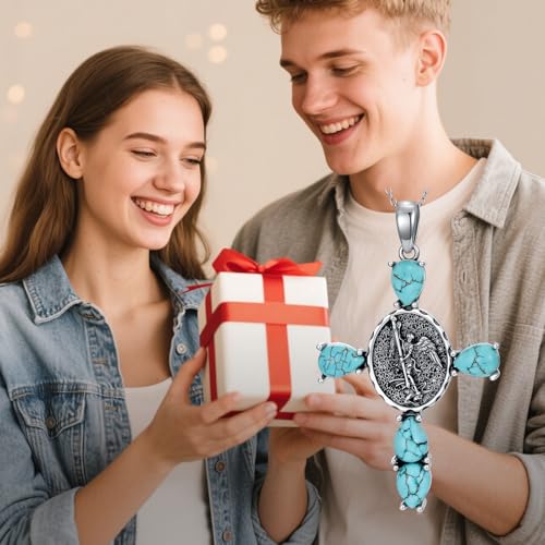 St Michael Cross Necklace for Women 925 Sterling Silver Natural Turquoise Archangel Saint Michael Pendant Necklaces Religious Jewelry Gifts for Mom Wife 6