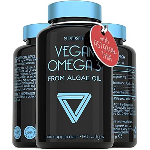 Vegan Omega 3 Capsules - Algae Oil 500mg - High Strength DHA 250mg with Astaxanthin, Flaxseed Oil & Vitamin E - 60 Easy to Swallow Softgel Tablets - Sustainable Vegetarian Supplement Cover