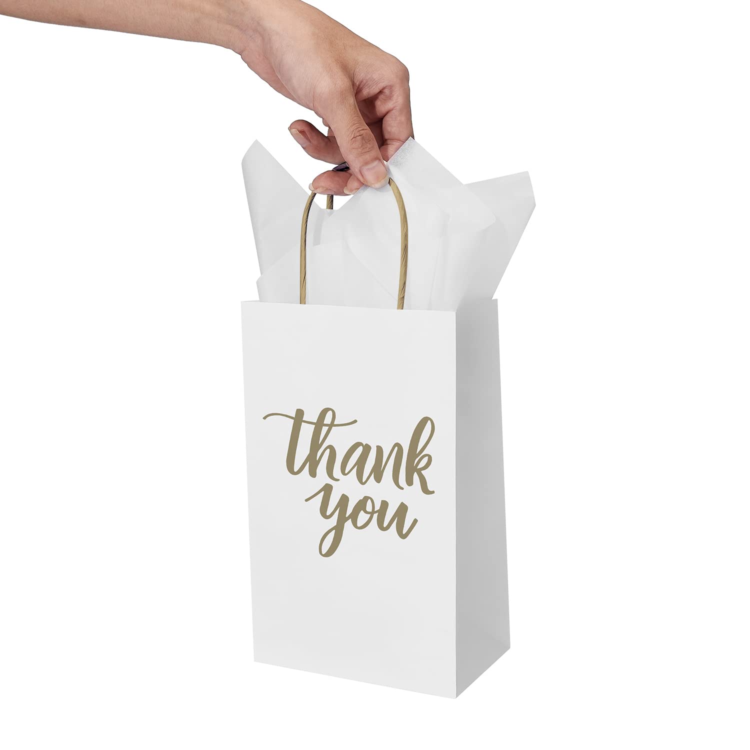 DjinnGlory 100 Pack Small Sized White Thank You Paper Kraft Gift Bags with Handles 9x5.5x3.15 Inch for Business Graduation Birthday Wedding Bridal Baby Shower Party Favors Goodies