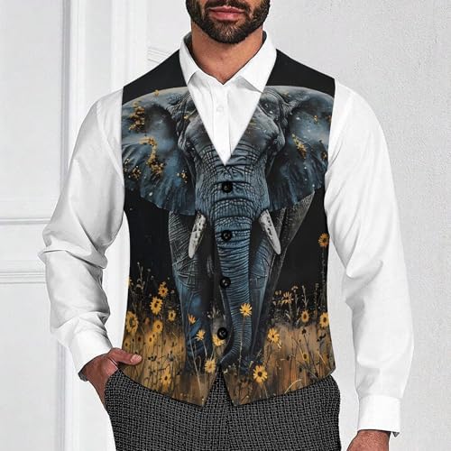 Elephant Sunflower Men's Suit Vest Waistcoat Vests Formal Dress with 2 Pockets for Business Casual Tuxedo2