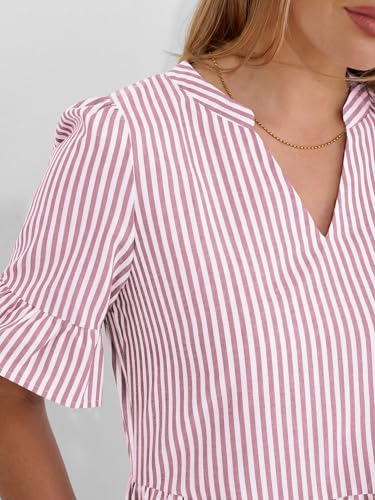 Image of Caracilia Dresses for Women Summer 2026 Striped V Neck Ruffle Sleeve A Line Tiered Flowy Casual Mini Beach Dress with Pockets
