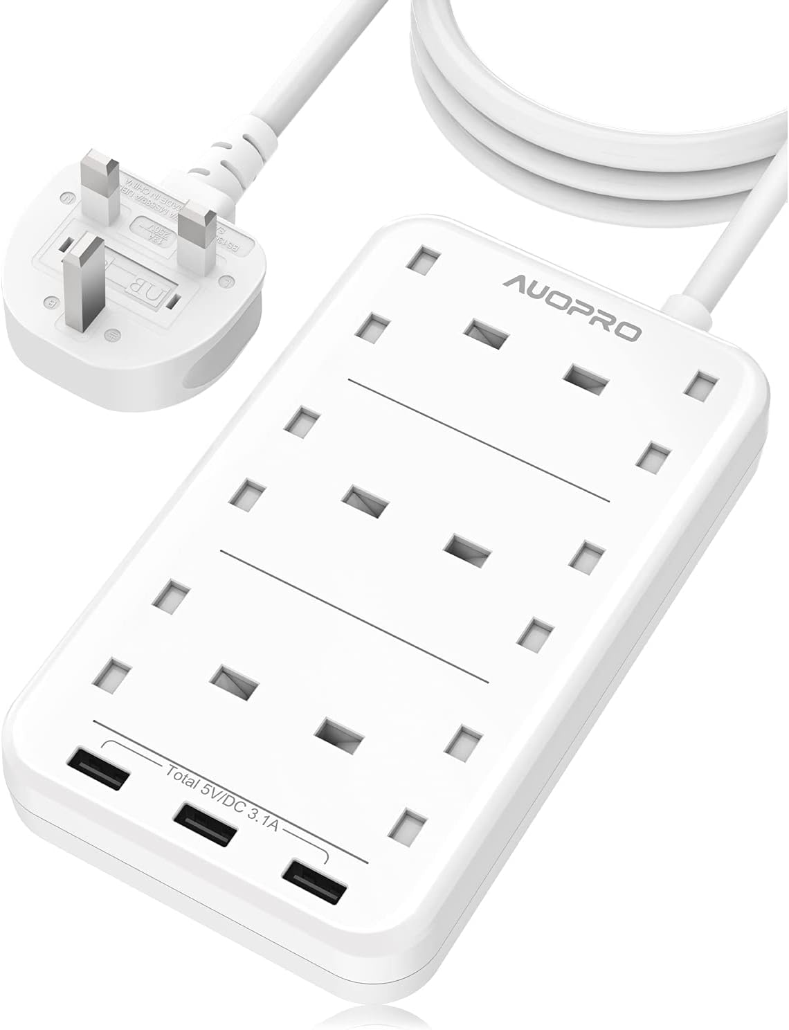 Extension Lead with USB Slots, 6 Way Plug Extension 3 USB, Multi Plug Electric Power Extension, Power Strip Surge Protection, 3250W/13 Amp, Extension Cable 2 M for Home and Office, White