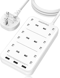 Extension Lead with USB Slots, 6 Way Plug Extension 3 USB, Multi Plug Electric Power Extension, Power Strip Surge Protection, 3250W/13 Amp, Extension Cable 2 M for Home and Office, White