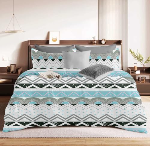 Image of DECOR2ADMIRE 300TC Premium Glace Cotton Printed Super King Size Double Bedsheet with Two Pillow Covers, 108 * 108 Inches or 9ft by 9ft or 275 cm x 275 cm (Teal White Zigzag)