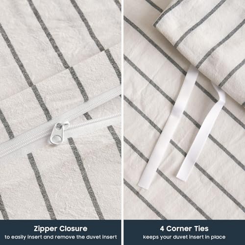 Image of Wake In Cloud - Striped Cotton Duvet Cover Set, Ticking Stripe Vertical Pinstripe Farmhouse, 100% Washed Cotton Textured Bedding Set, 3 Pieces, White, Twin /Twin XL Size
